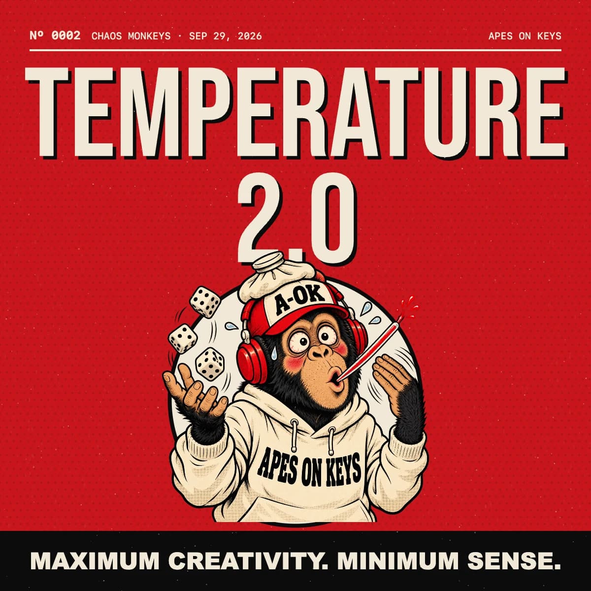The A-OK ape, feverish with a thermometer in his mouth and an ice pack on his cap, flings a handful of dice in front of giant letters reading TEMPERATURE 2.0.