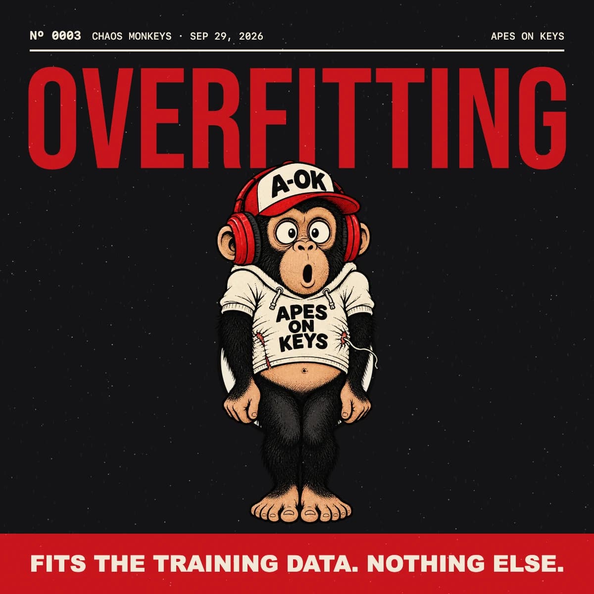 The A-OK ape, squeezed into a hoodie several sizes too small with seams splitting, stands frozen in one stiff pose in front of giant letters reading OVERFITTING.
