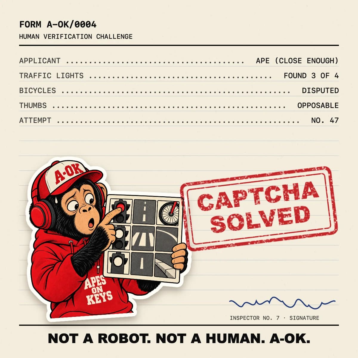 The A-OK ape, as a die-cut sticker on a human verification form stamped CAPTCHA SOLVED, points uncertainly at one square of a big picture-tile grid.