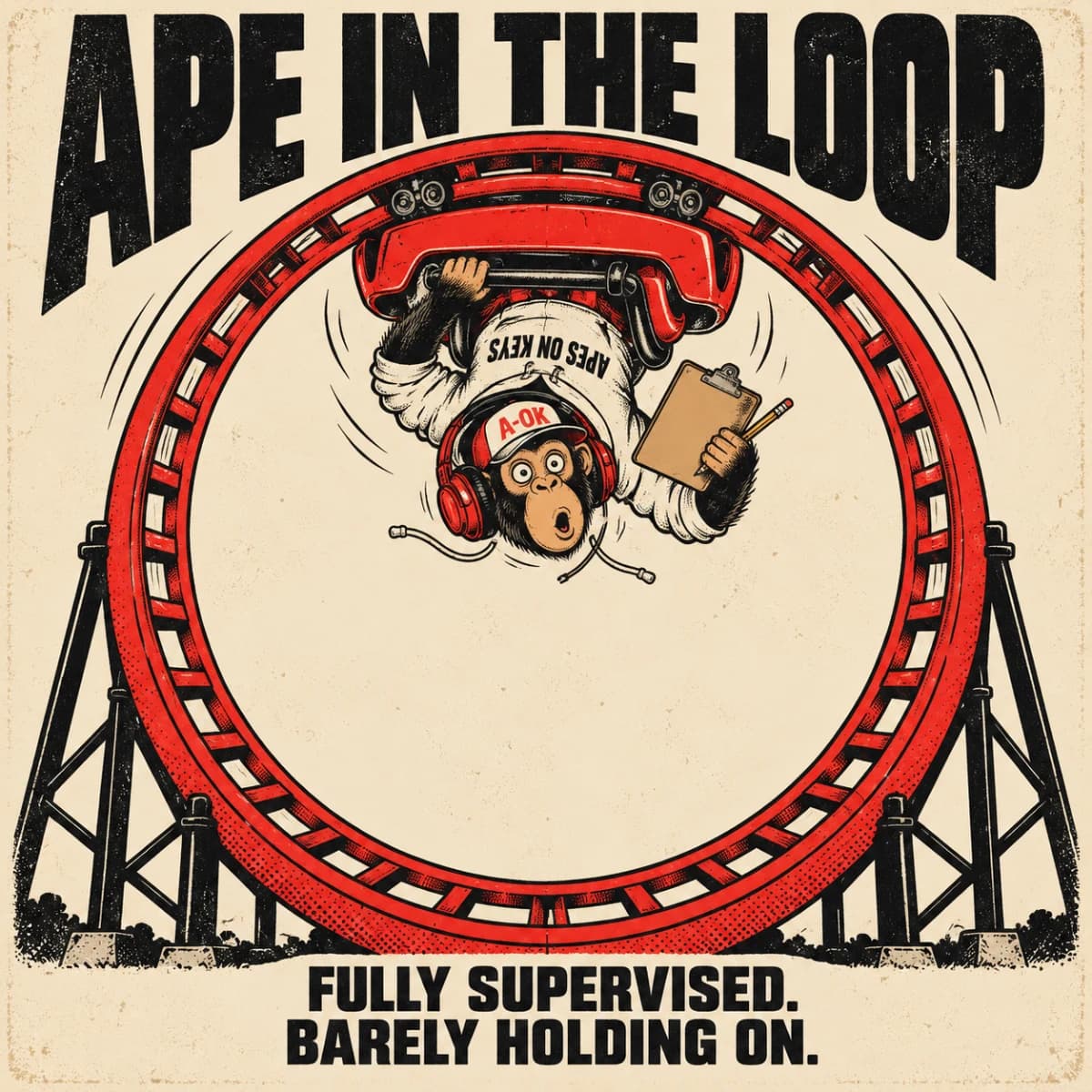 The A-OK ape rides upside down at the top of a roller-coaster loop, clutching a clipboard, under the title APE IN THE LOOP.