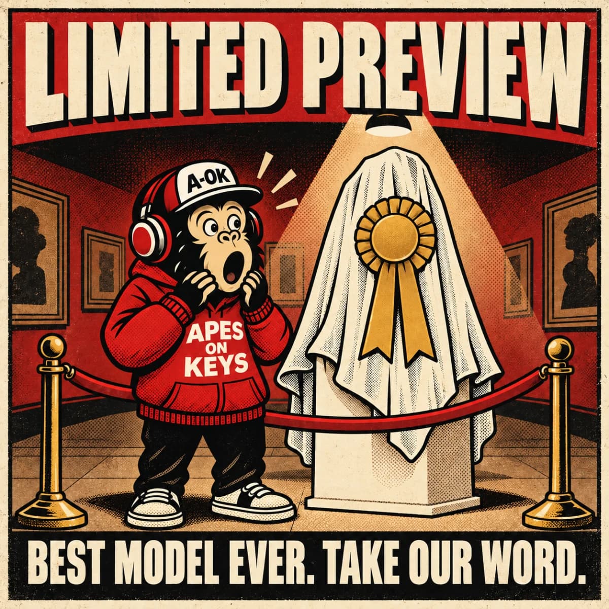 The A-OK ape stands guard behind a red velvet rope beside a sheet-draped object on a pedestal wearing a giant gold first-place rosette, one palm raised to stop the viewer, under the title LIMITED PREVIEW.
