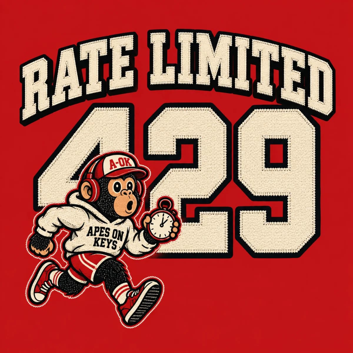 A letterman-style chest graphic with RATE LIMITED arched in slab serif over a huge outlined 429, and the A-OK ape as a fuzzy chenille patch jogging a lap with a stopwatch.
