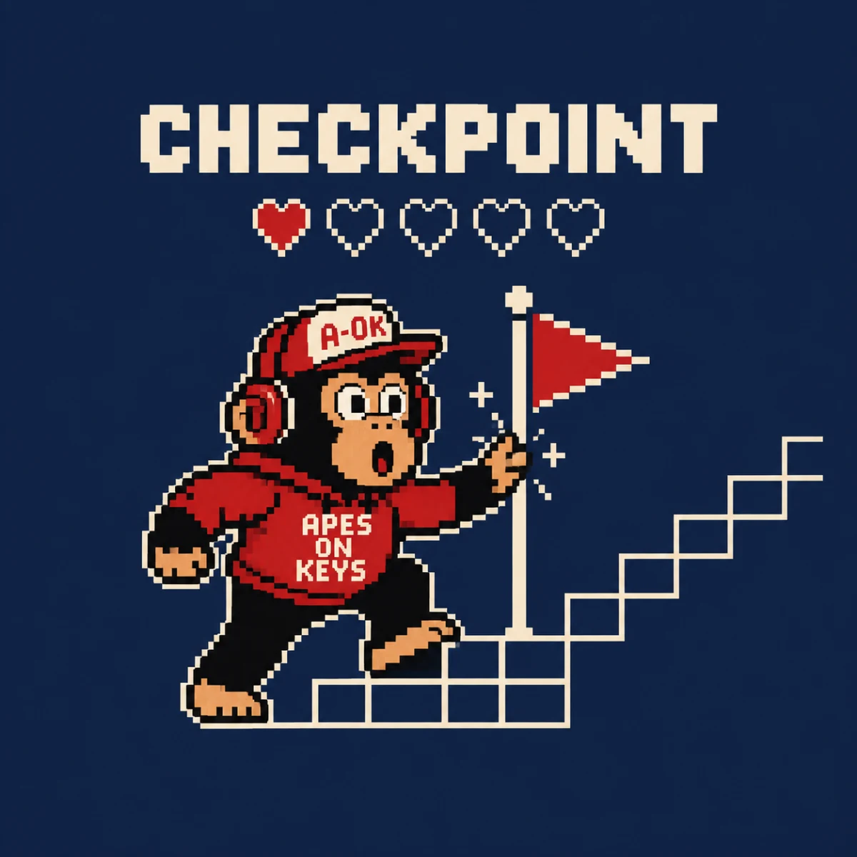 An 8-bit pixel scene of the A-OK ape sprite touching a checkpoint flag, panting, with a single heart left in his health bar and CHECKPOINT in pixel letters above.