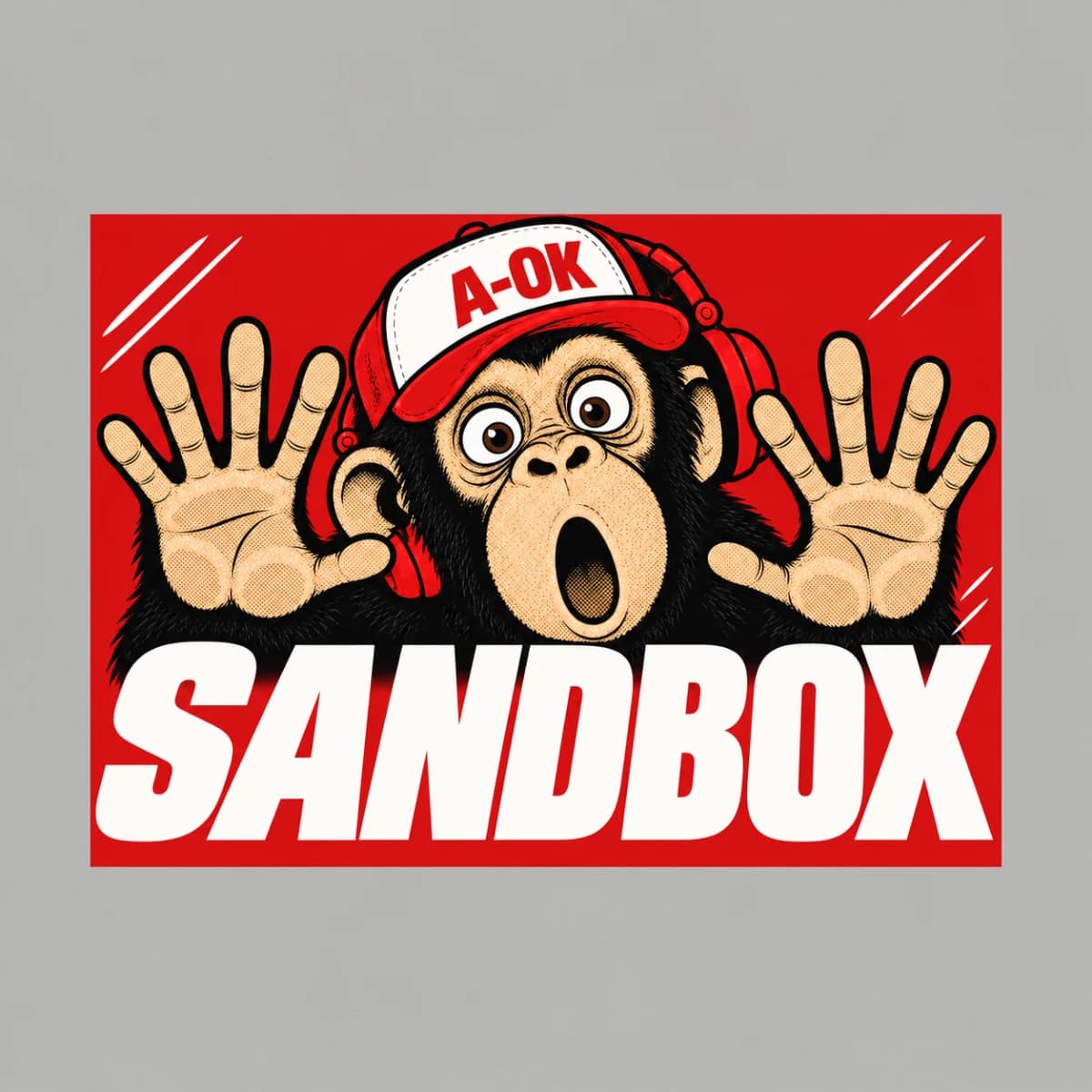 A big red streetwear box logo reading SANDBOX in white italic letters, with the A-OK ape trapped inside it, palms pressed against the box edges like glass, mouth in a stunned O.