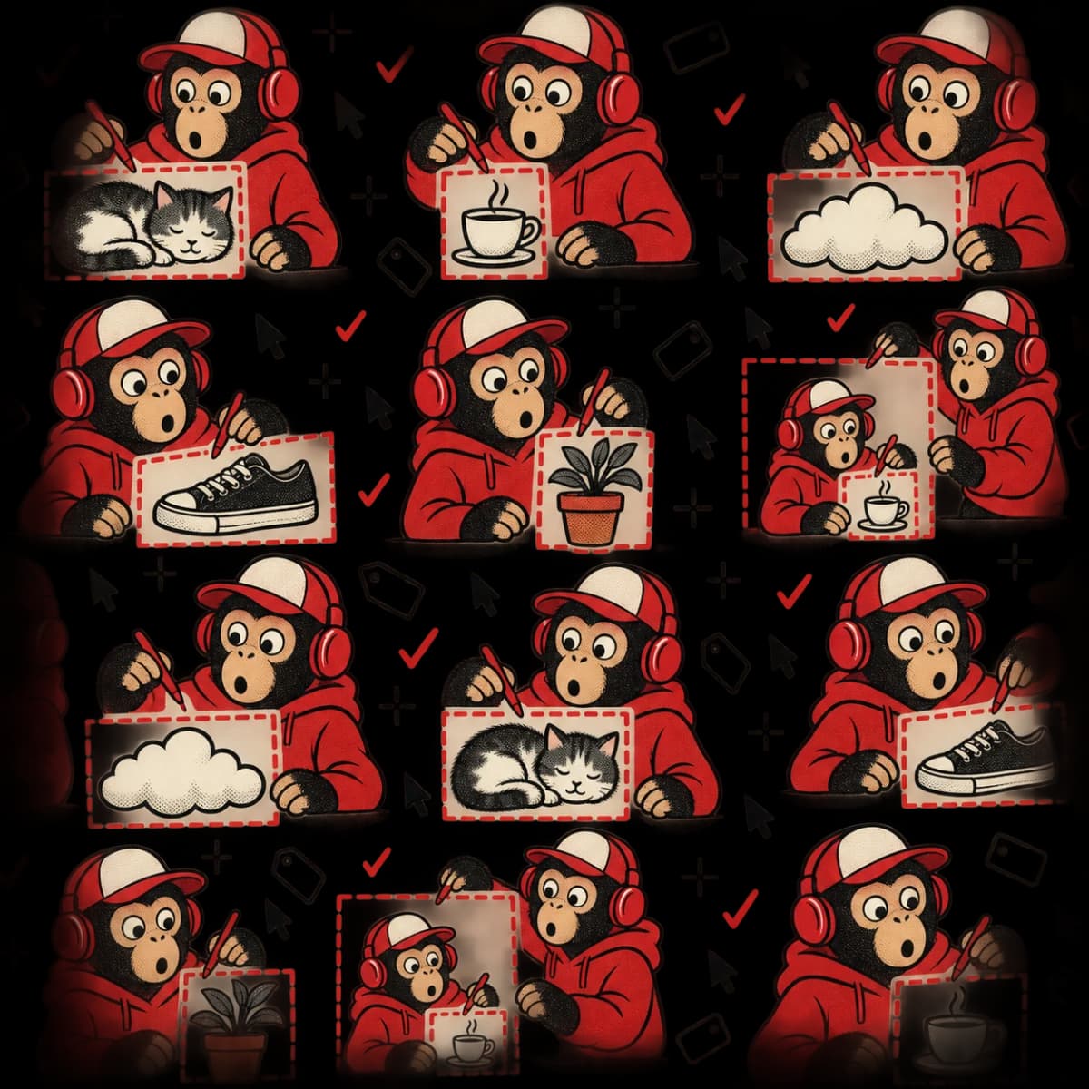 An all-over repeating pattern of tiny A-OK apes drawing red dashed bounding boxes around a cat, a teacup, a cloud, a shoe and each other, scattered with cursor and checkmark glyphs, with no words.