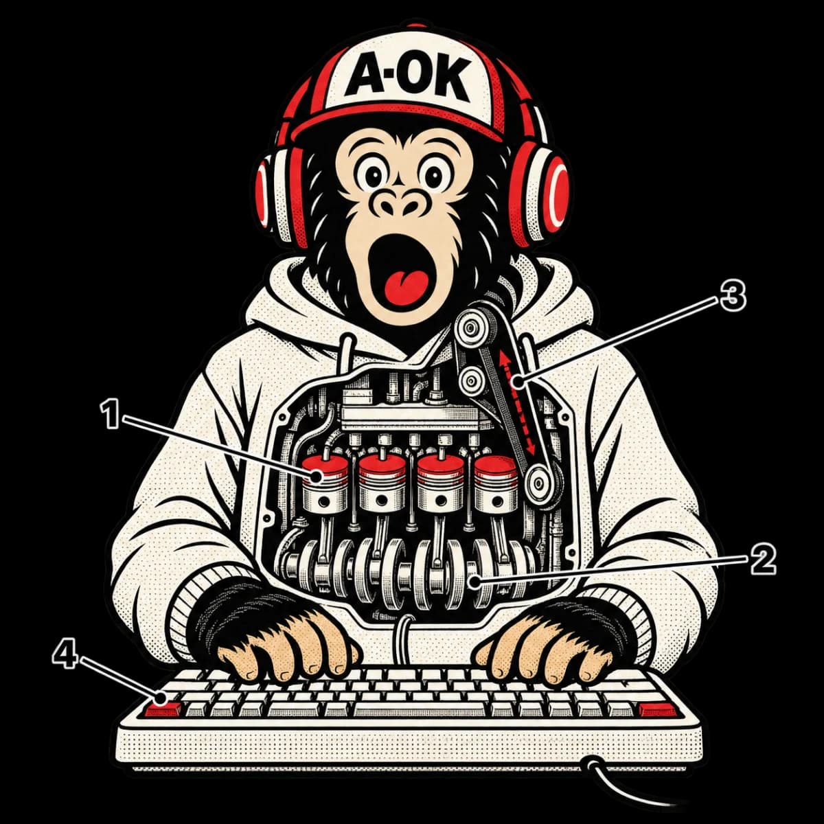 Technical manual cutaway of the A-OK ape at a keyboard with a window in his chest revealing a small engine with red pistons and a belt running to his head, with numbered callouts 1 to 4; no words.