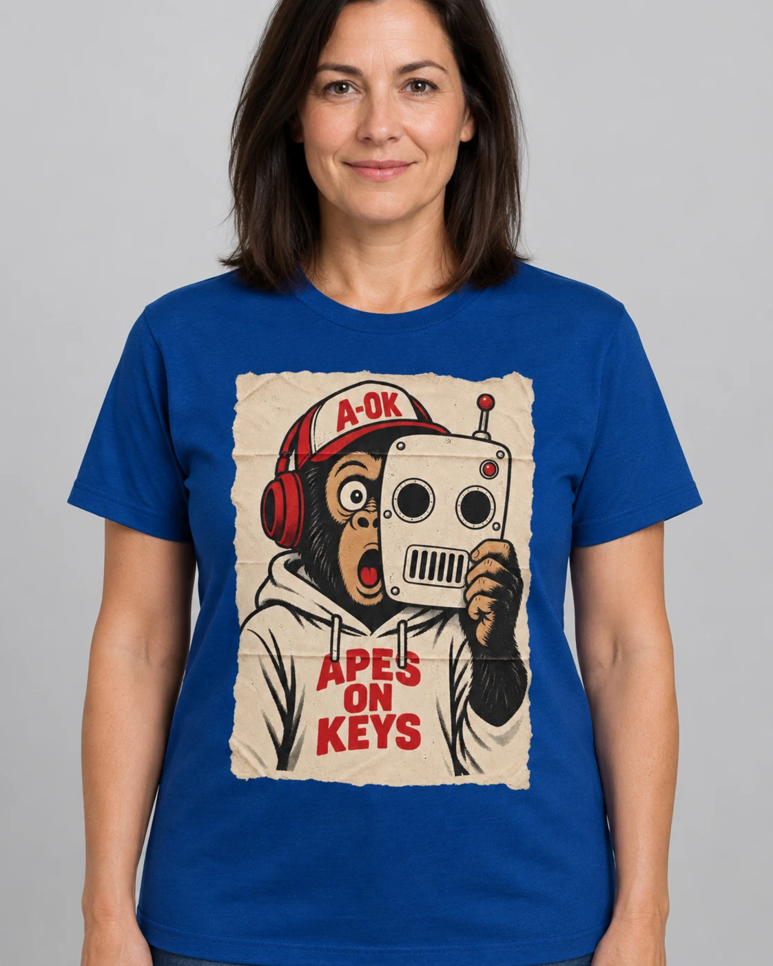 Blue A-OK AI-Powered Tee, worn by a model
