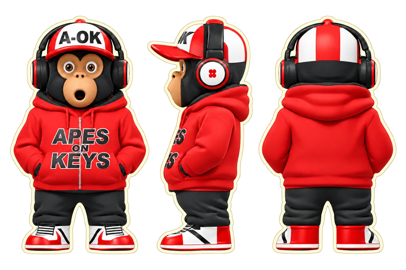 Front, side and back views of the A-OK ape wearing a red hoodie, cap, headphones and sneakers.
