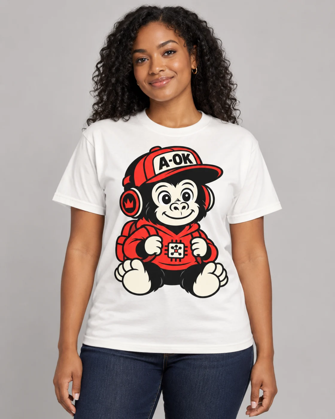 Person wearing the white Little Operator tee in a studio.
