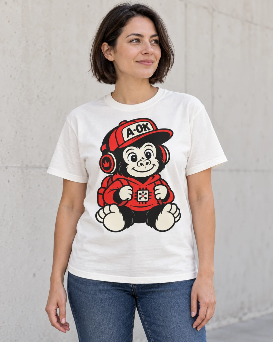 Person wearing the white Little Operator tee outdoors.