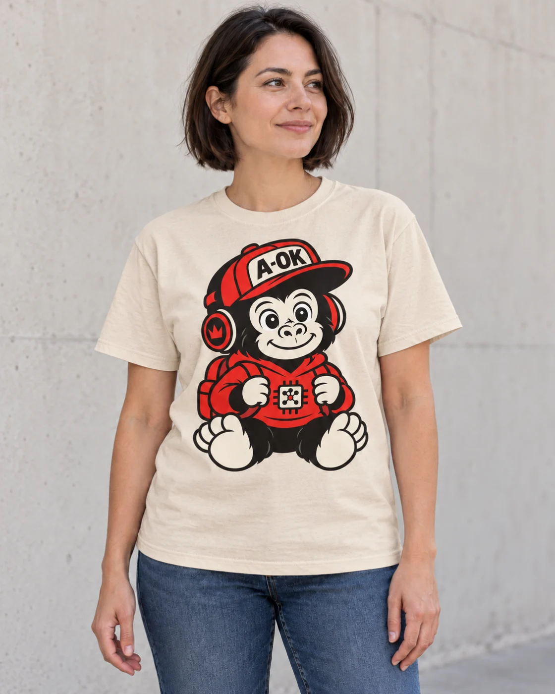 Person wearing the natural Little Operator tee outdoors.
