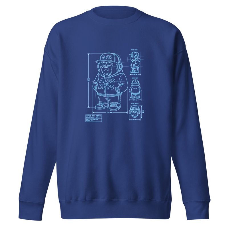 Team Royal crewneck sweatshirt with pale-blue blueprint linework showing the A-OK ape from the front, side and rear, with a head detail and measurement guides.