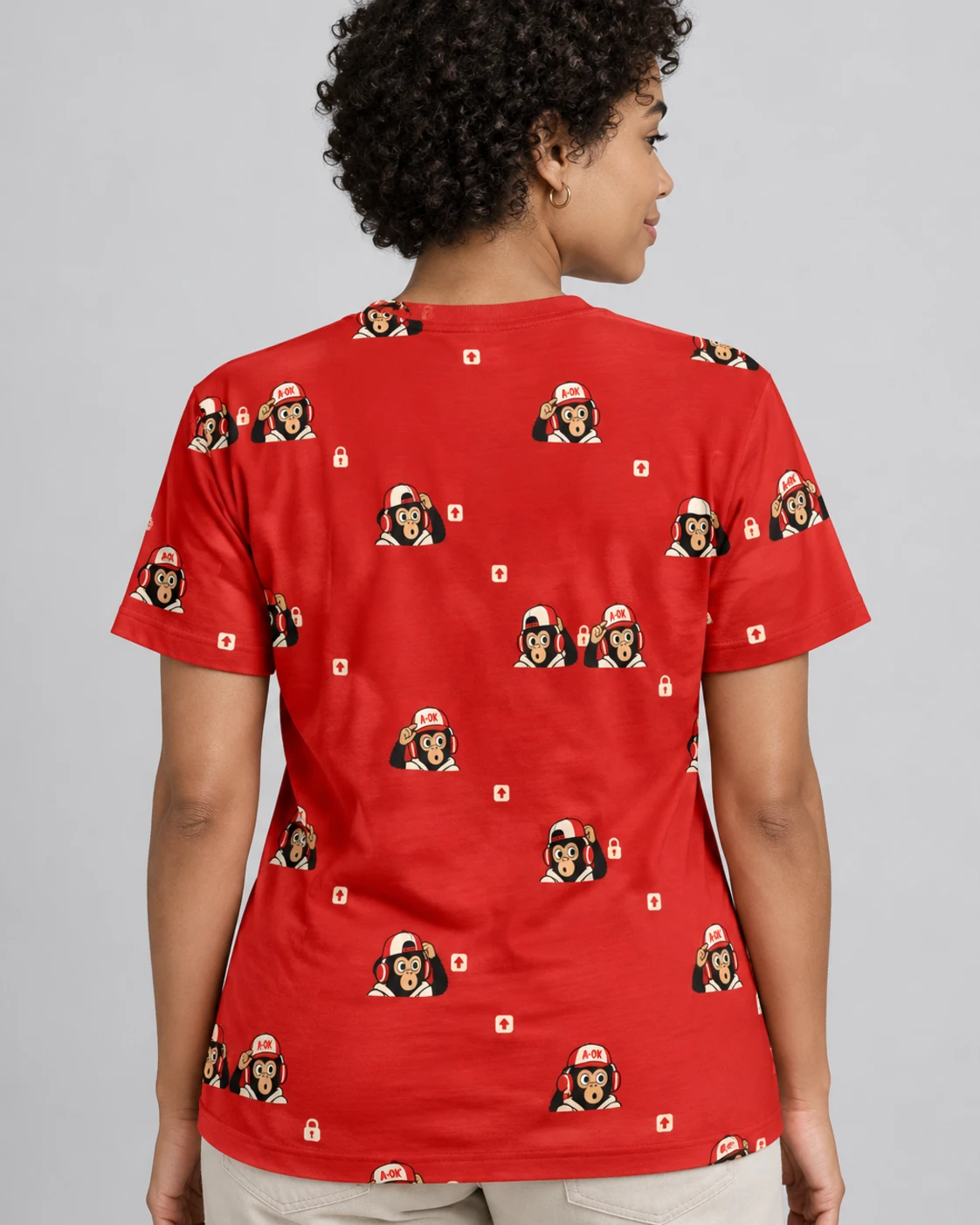 A-OK Caps Lock Tee, all-over print, back on a model