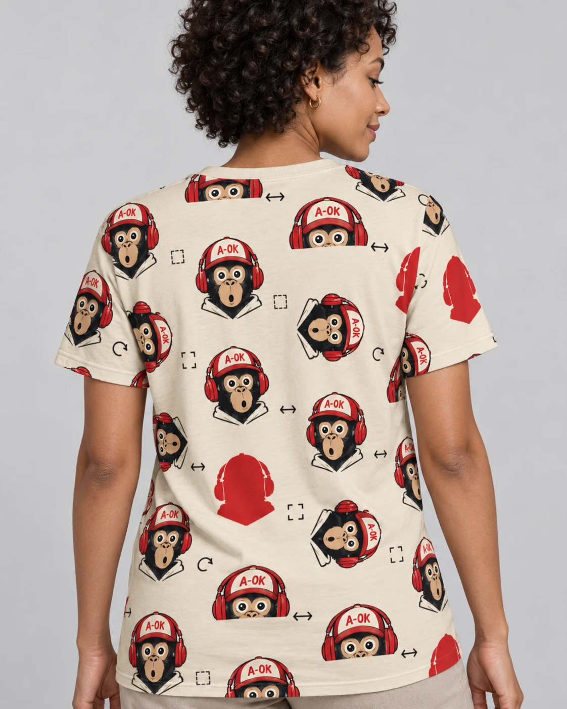 A-OK Data Augmentation Tee, all-over print, back on a model