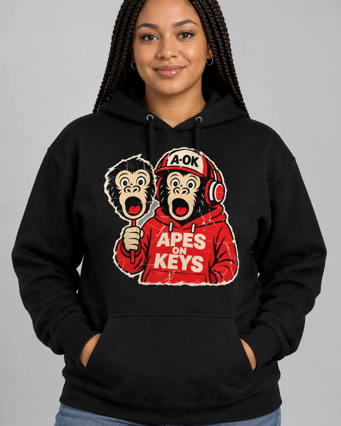 Black A-OK Deepfake Hoodie, worn by a model