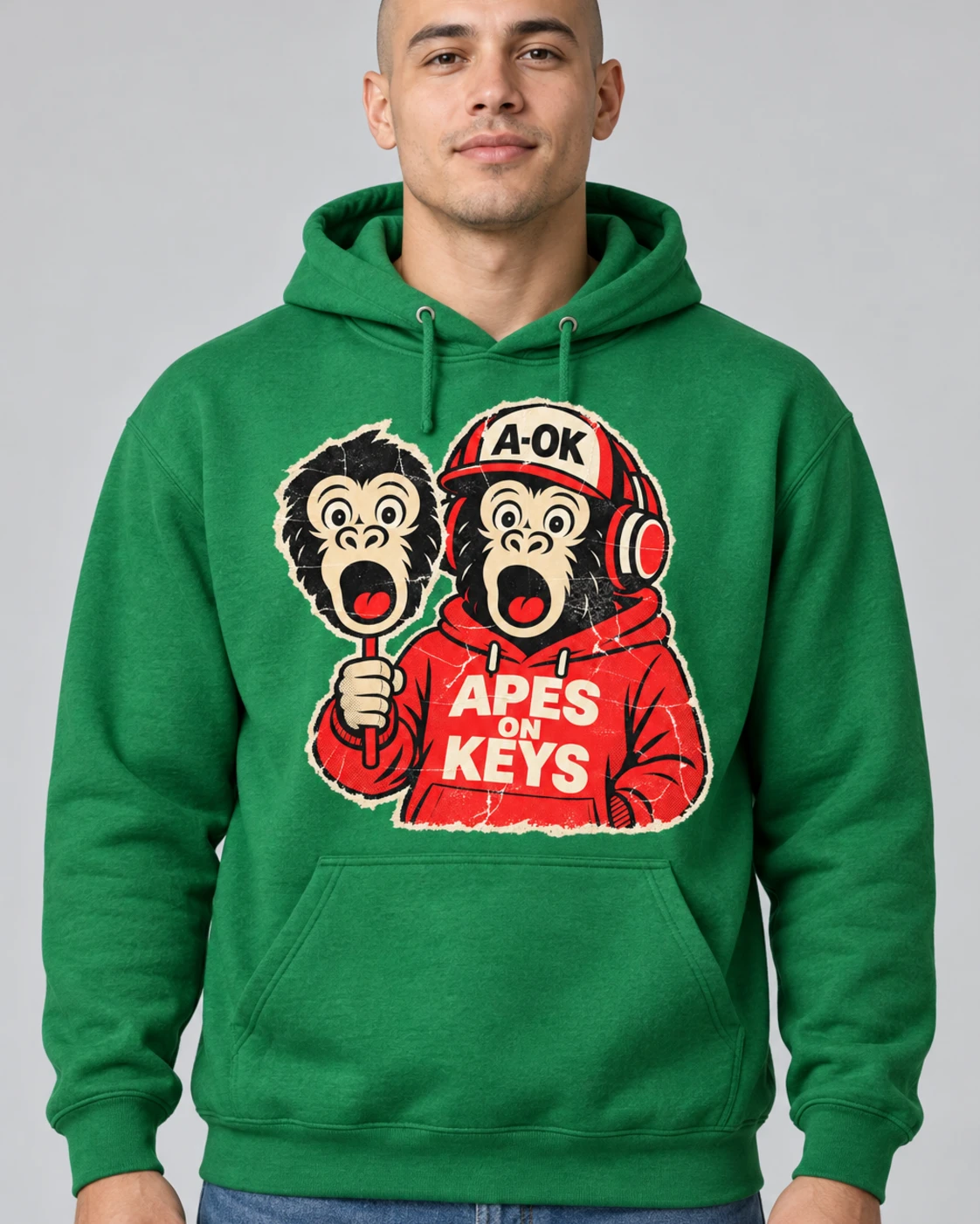 Green A-OK Deepfake Hoodie, worn by a model