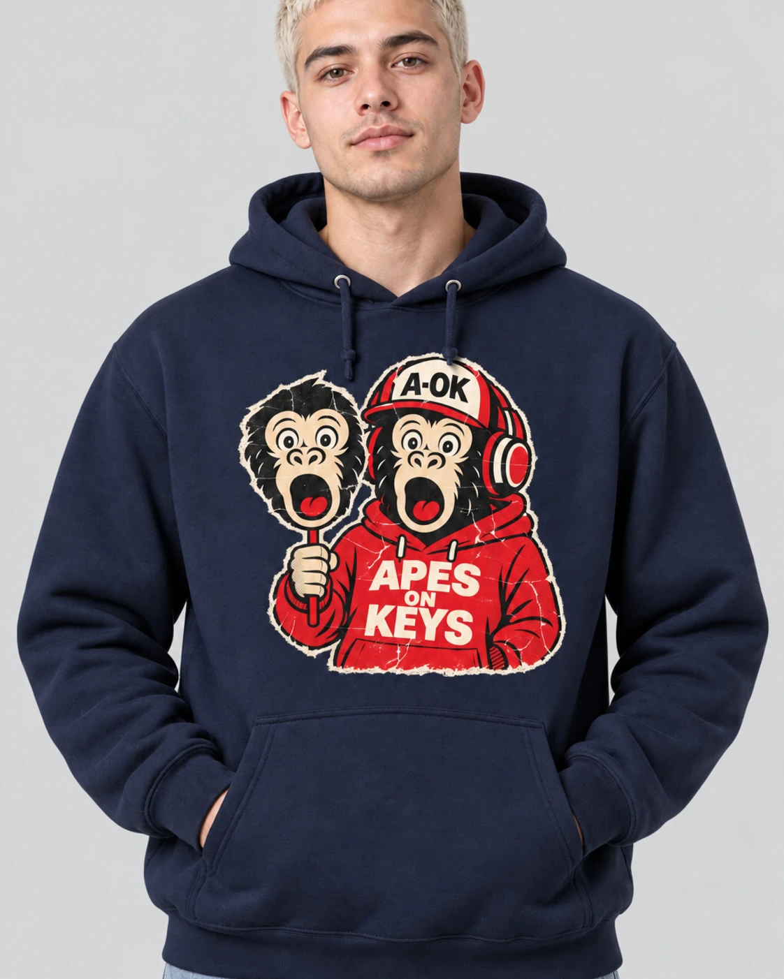 Navy A-OK Deepfake Hoodie, worn by a model