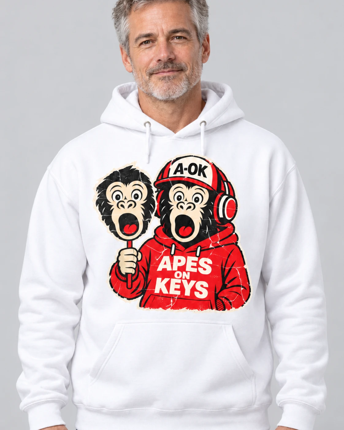 White A-OK Deepfake Hoodie, worn by a model