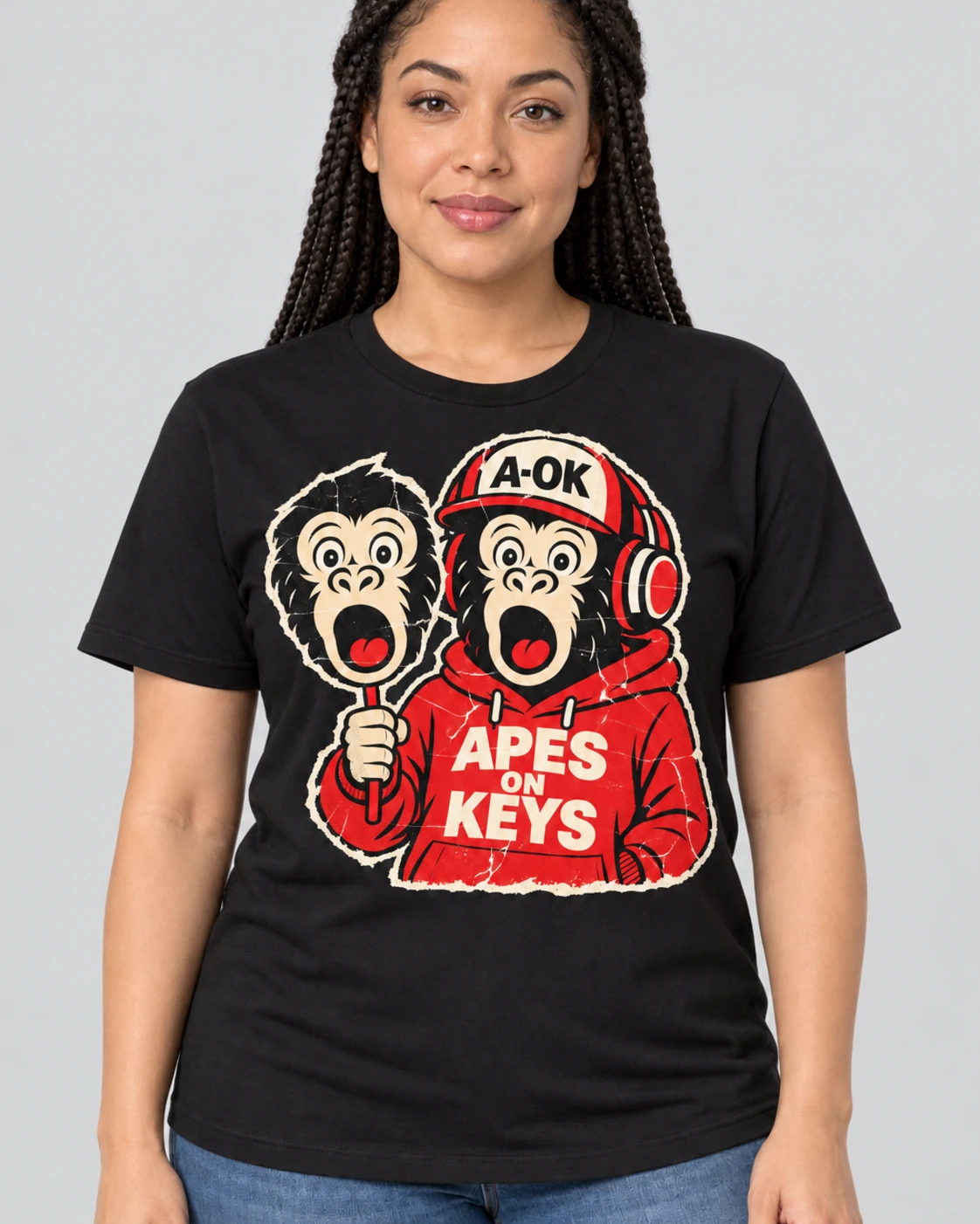 Black A-OK Deepfake Tee, worn by a model