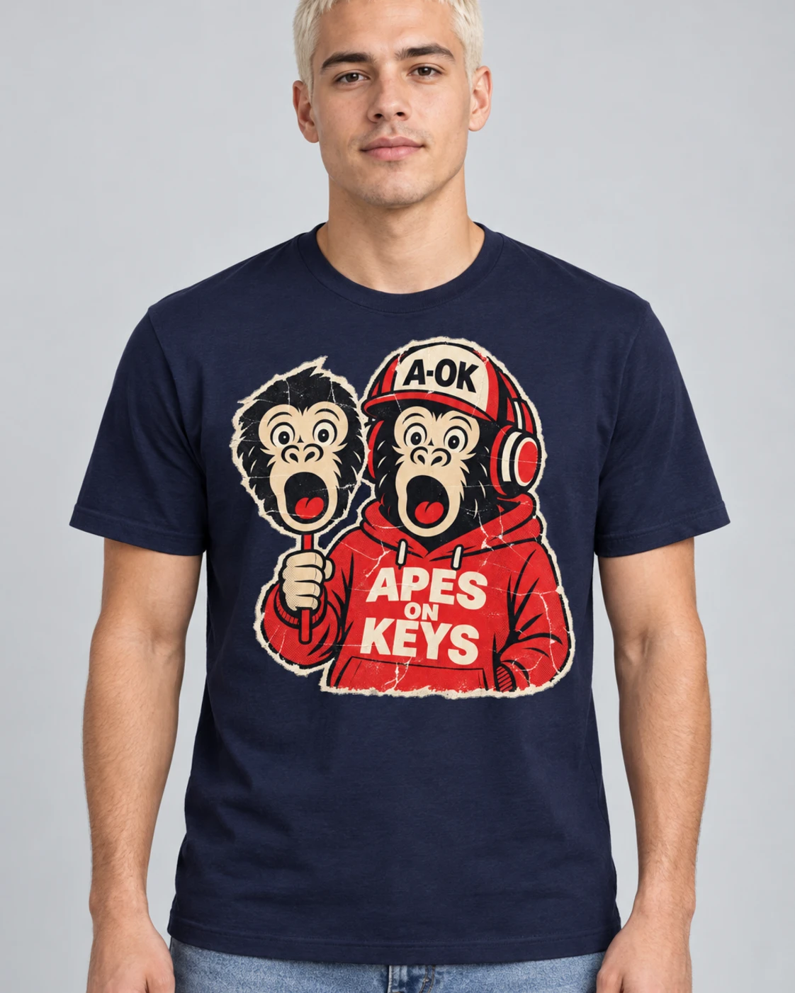 Navy A-OK Deepfake Tee, worn by a model