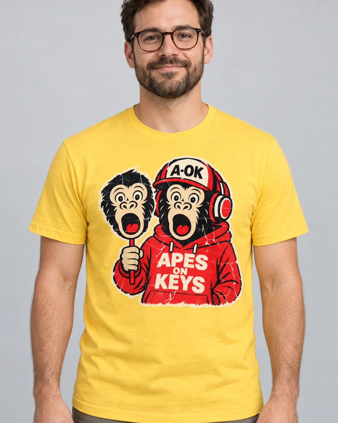 Yellow A-OK Deepfake Tee, worn by a model