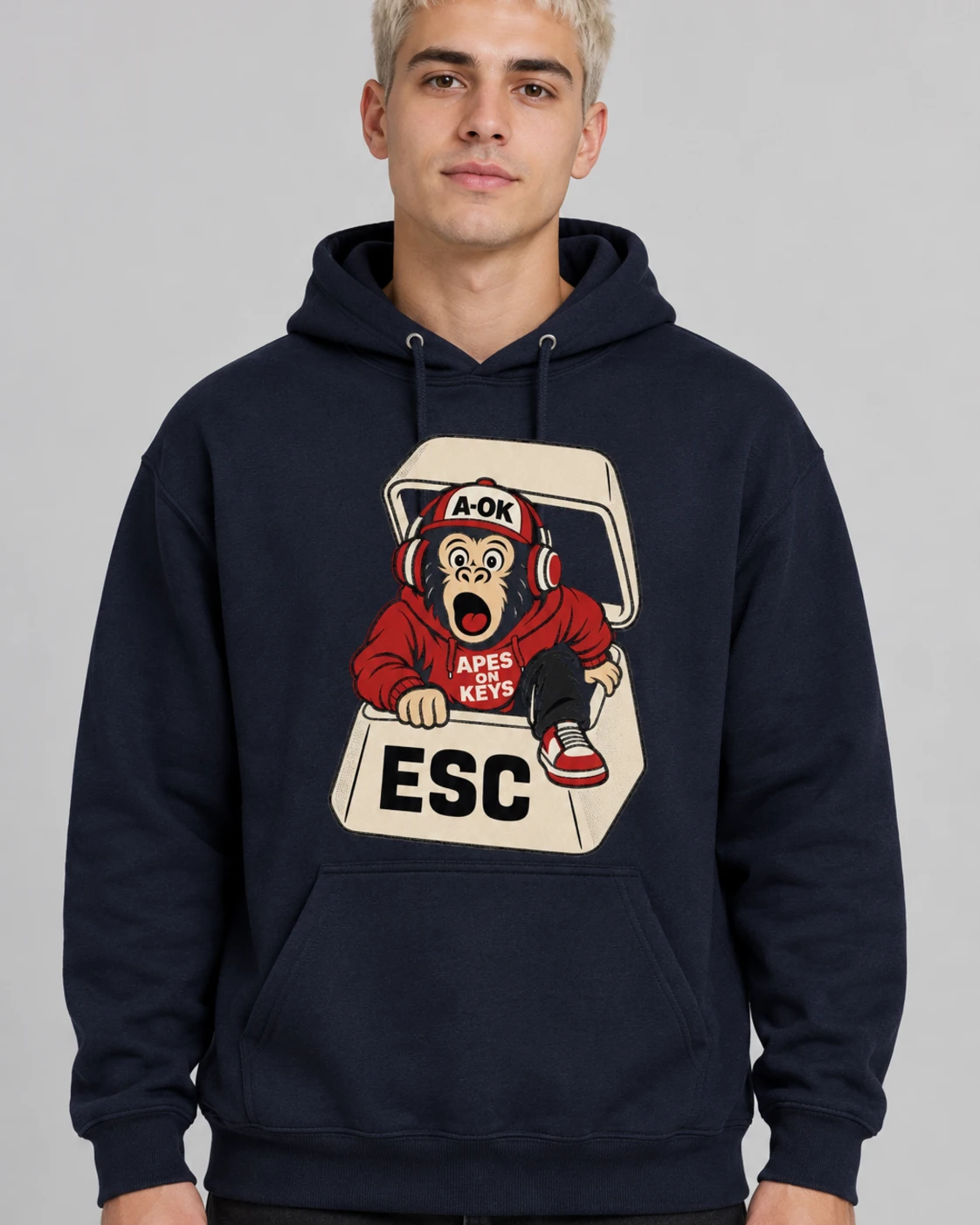 Navy A-OK Escape Key Hoodie, worn by a model