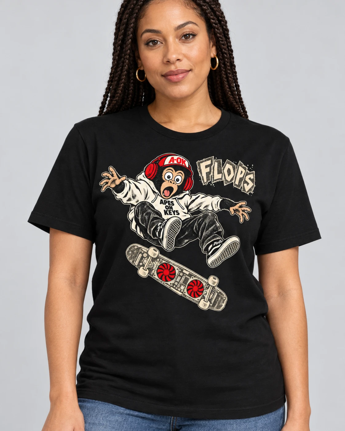 Black A-OK FLOPS Tee, worn by a model