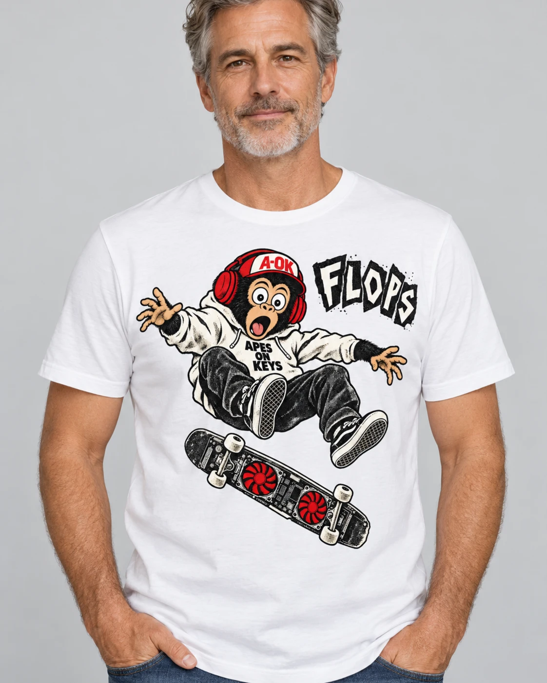 White A-OK FLOPS Tee, worn by a model