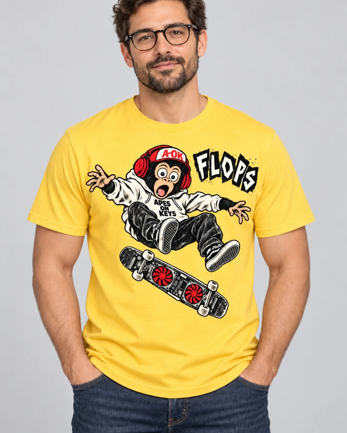 Yellow A-OK FLOPS Tee, worn by a model
