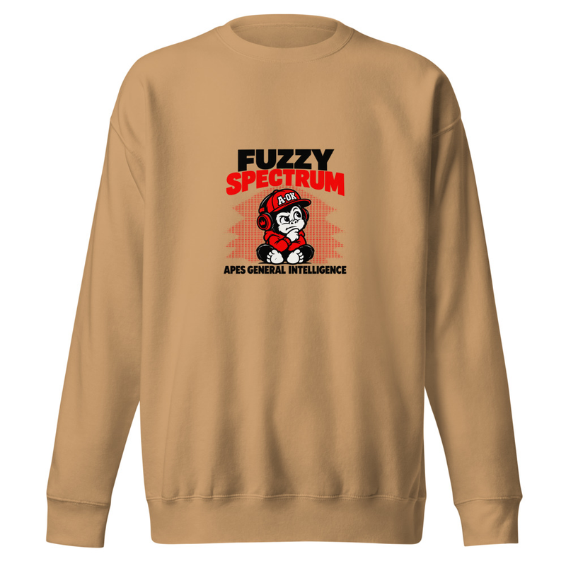 Khaki crewneck sweatshirt with black FUZZY and red SPECTRUM lettering above a seated, thoughtful A-OK ape, a red halftone field and APES GENERAL INTELLIGENCE below.