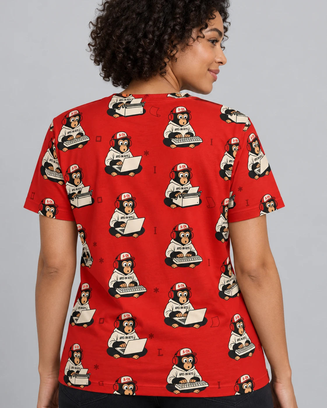 A-OK Infinite Monkeys Tee, all-over print, back on a model
