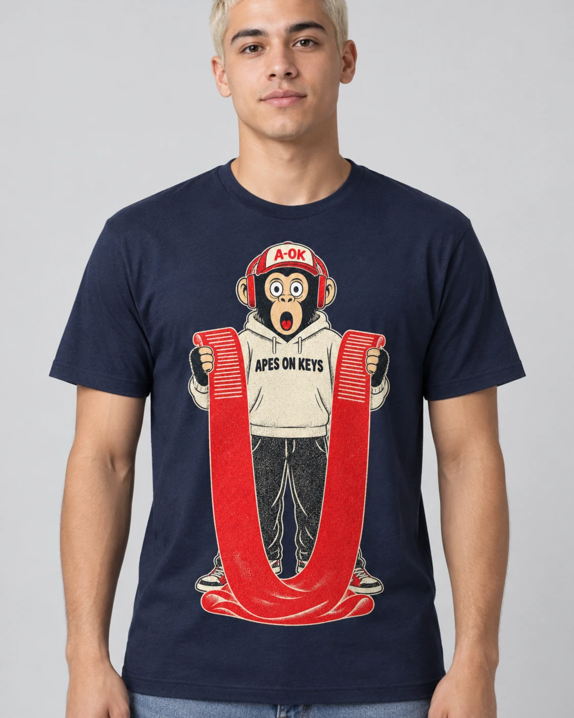 Navy A-OK Long Context Tee, worn by a model