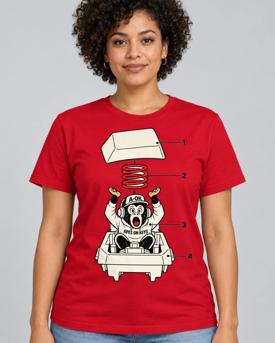 Red A-OK Mechanical Tee, worn by a model