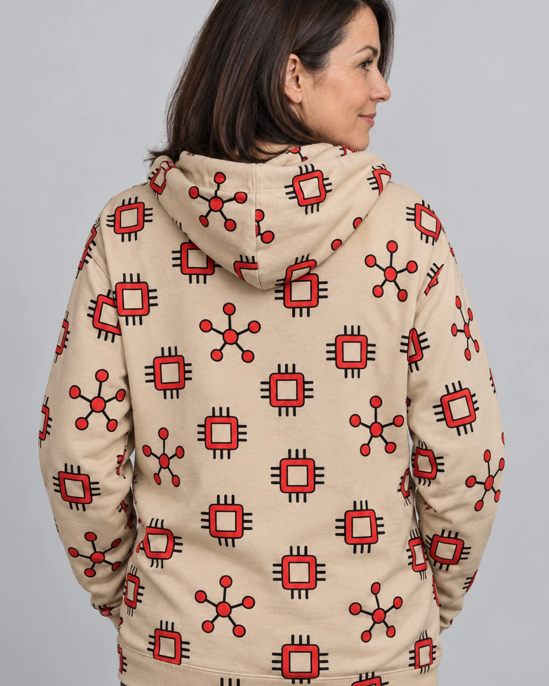 A-OK Multithreaded Hoodie, all-over print, back on a model