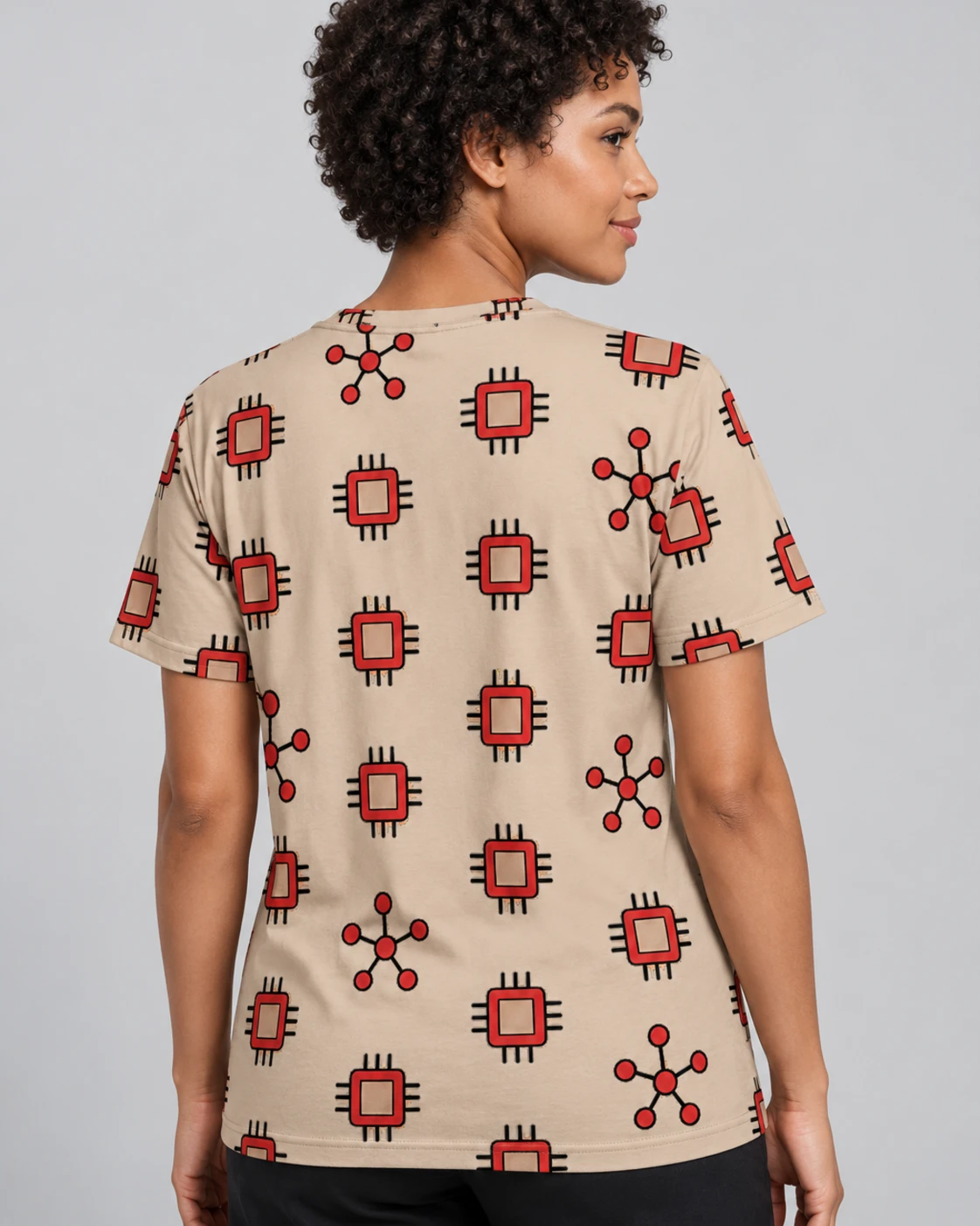 A-OK Multithreaded Tee, all-over print, back on a model