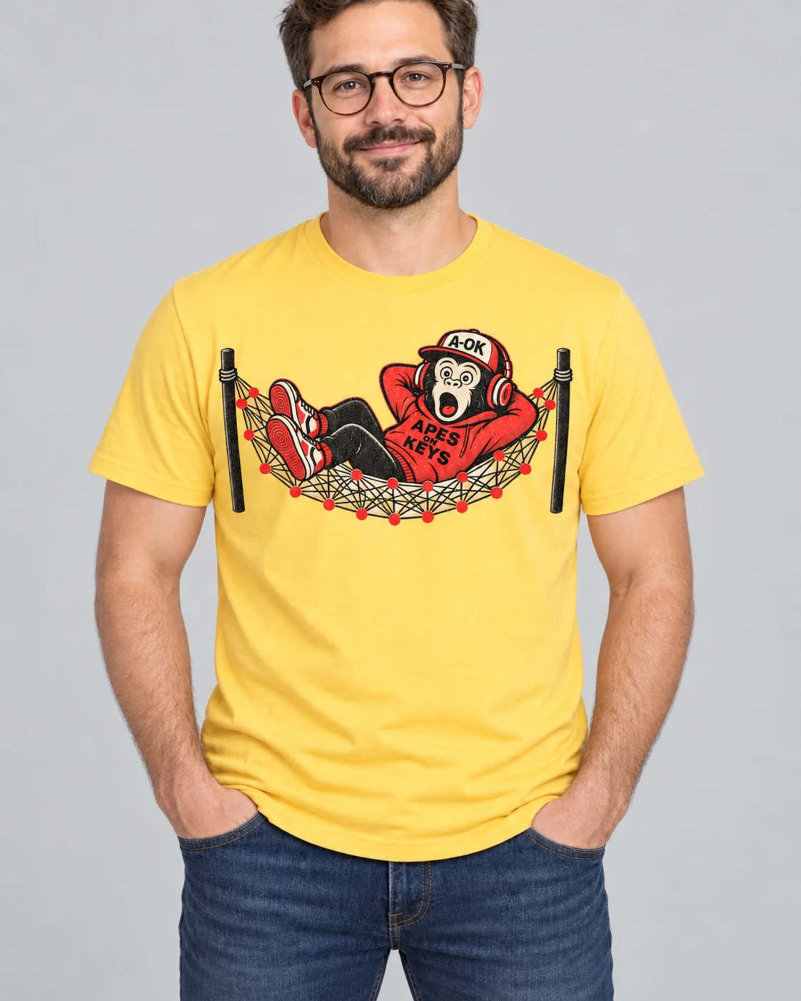 Yellow A-OK Neural Net Tee, worn by a model