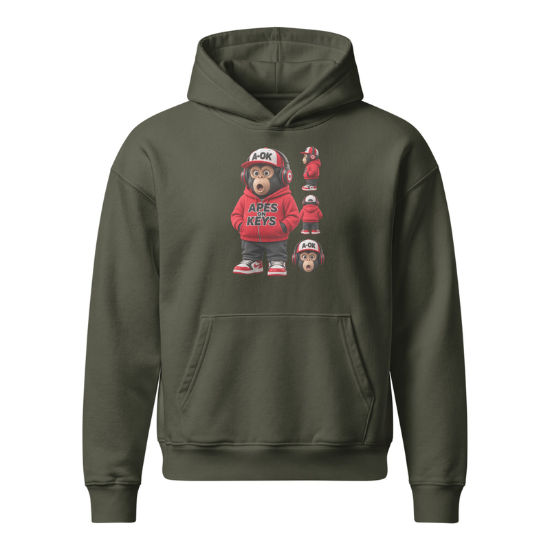 Khaki Green pullover hoodie with a large red-hoodie A-OK ape on the chest and smaller side, rear and head-detail views stacked beside it.