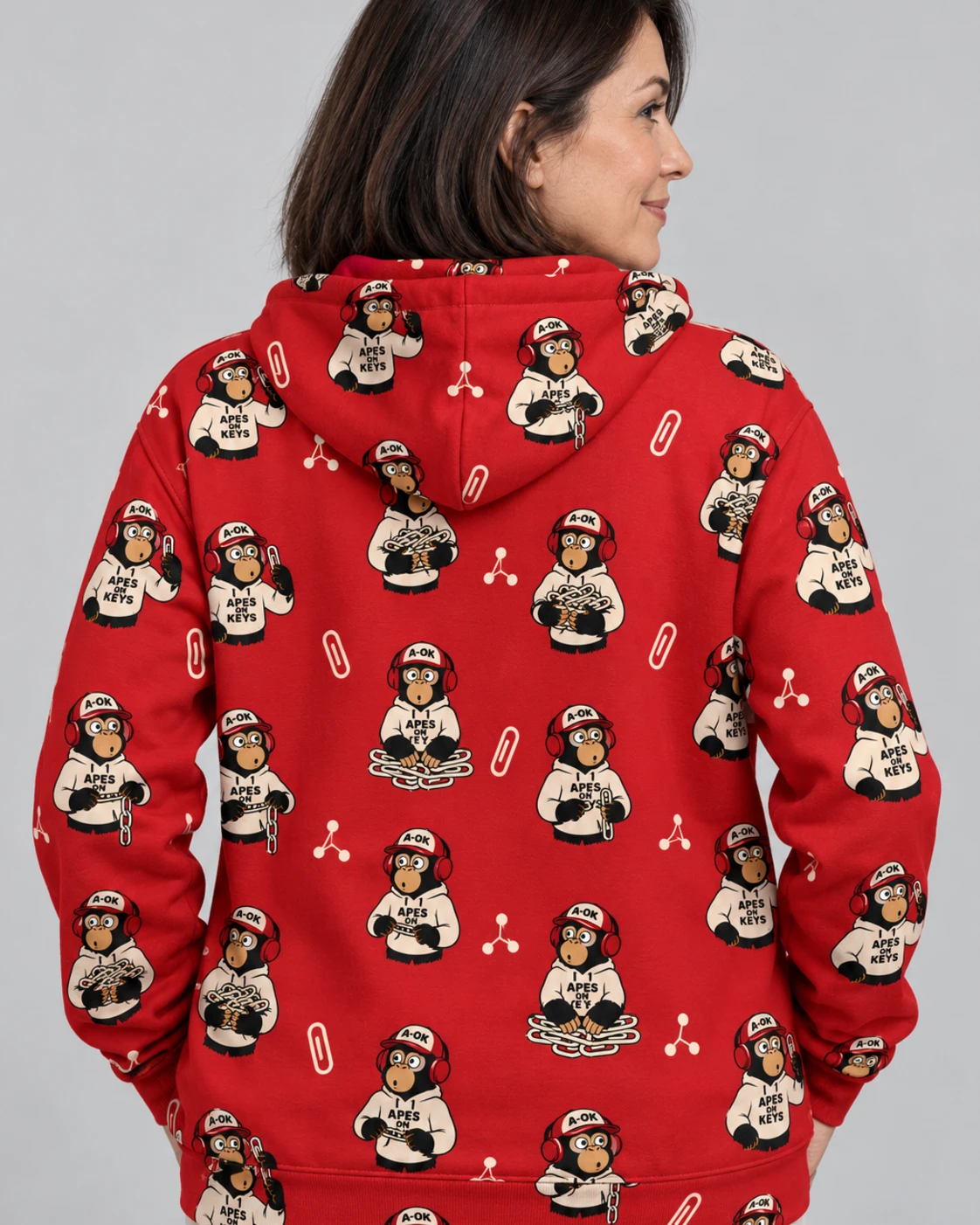 A-OK Paperclip Maximizer Hoodie, all-over print, back on a model