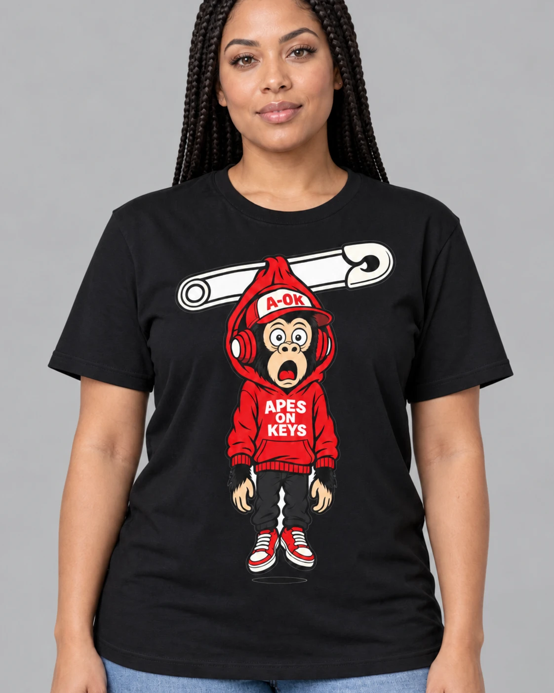 Black A-OK Pinned Tee, worn by a model