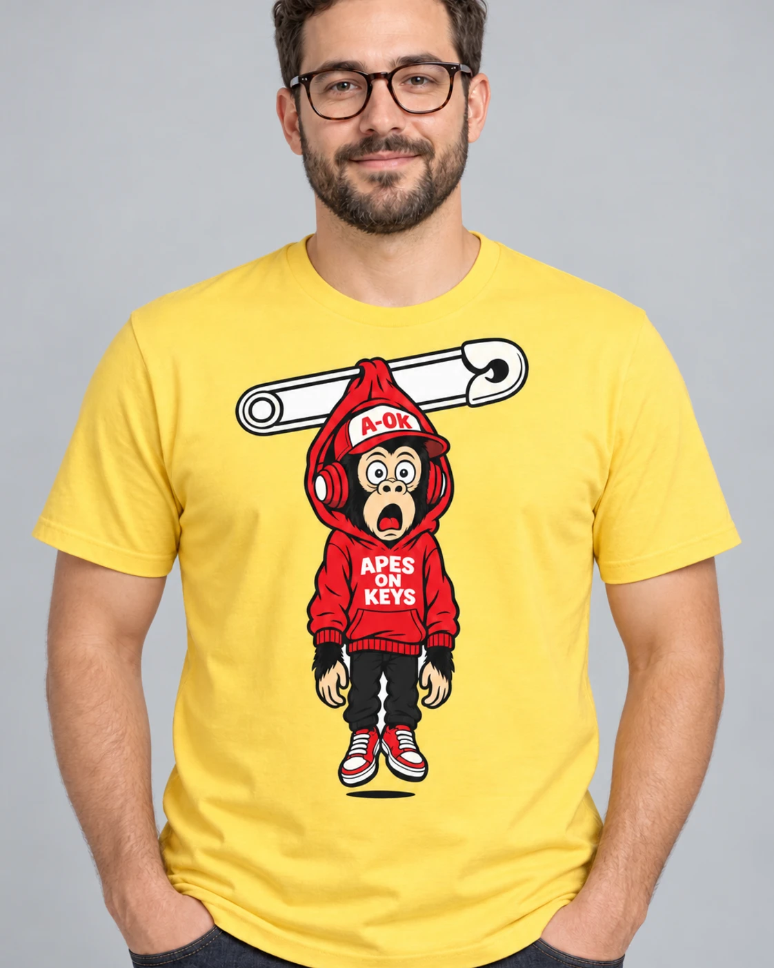 Yellow A-OK Pinned Tee, worn by a model