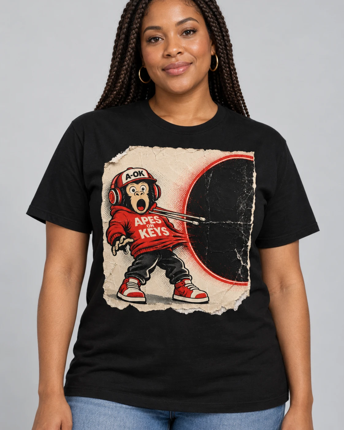 Black A-OK Singularity Tee, worn by a model