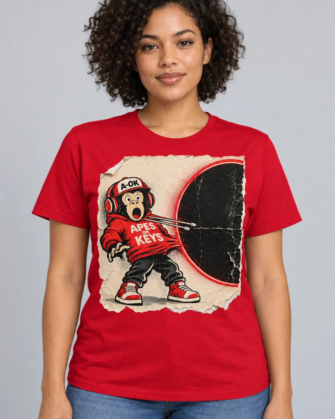 Red A-OK Singularity Tee, worn by a model