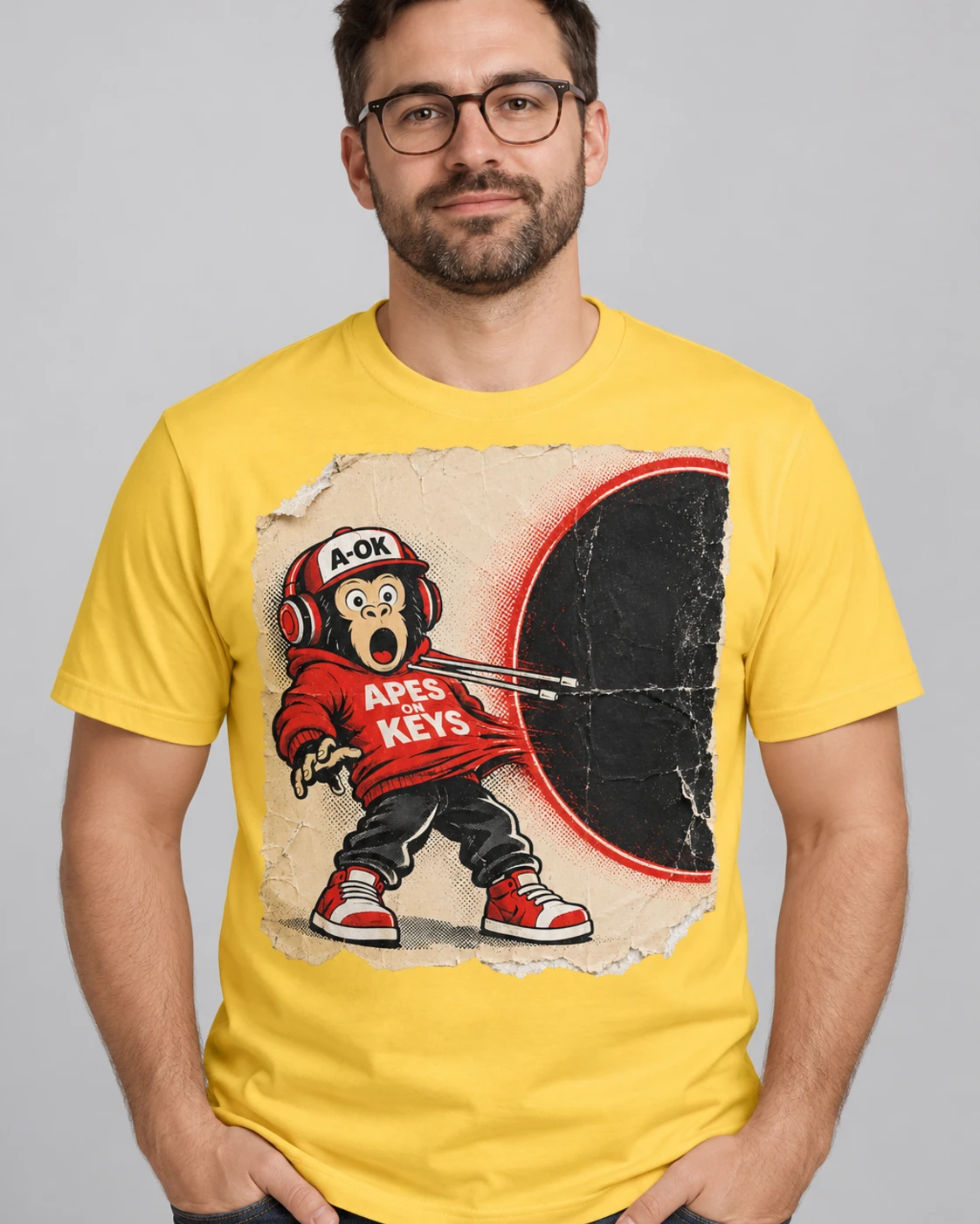 Yellow A-OK Singularity Tee, worn by a model