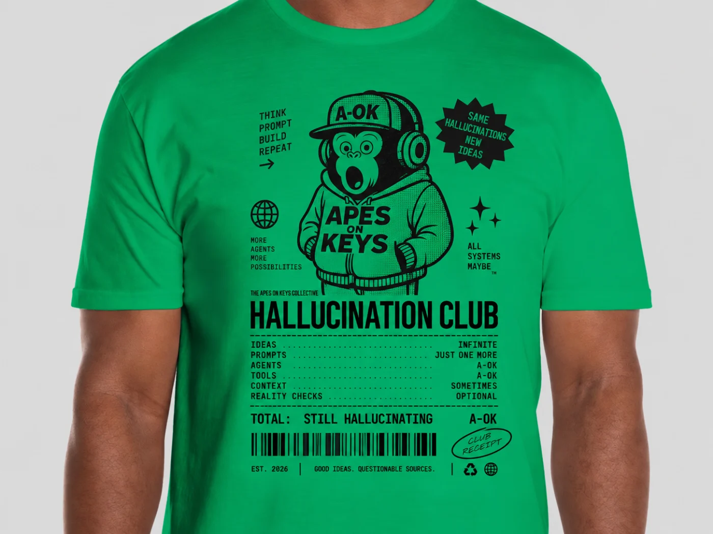 Green Hallucination Club 2026 Edition tee with the A-OK ape in a hoodie above a Club Receipt that totals STILL HALLUCINATING